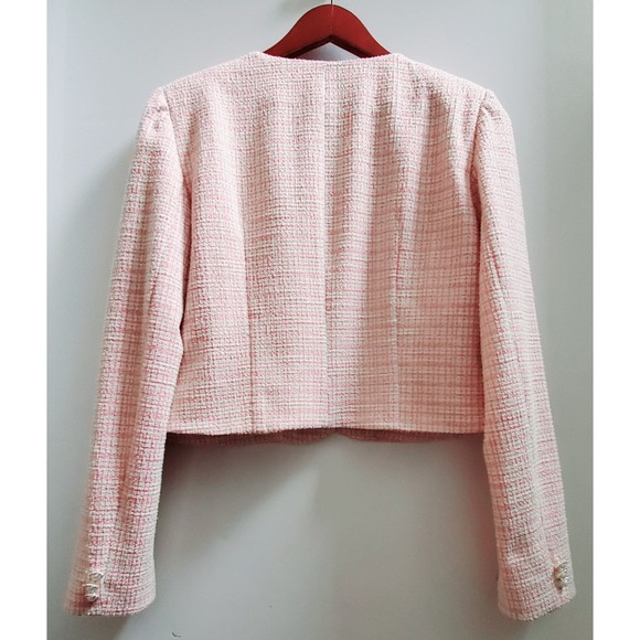 WAYF Blazer M Calling Elle Woods Boucle Check Pearl Rhinestone Button Pink/Gold - Picture 3 of 11